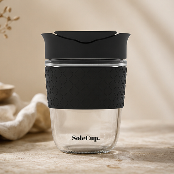 SoleCup Glas Reisebecher 340ml & 530ml mit Silikonhülle