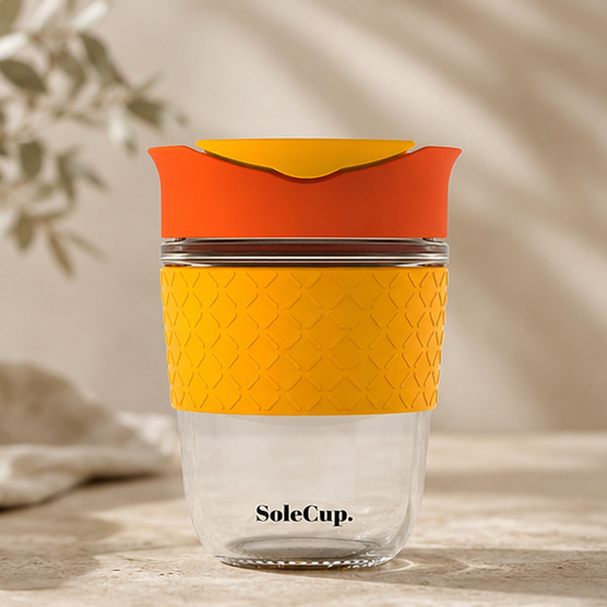 SoleCup Glas Reisebecher 340ml & 530ml mit Silikonhülle