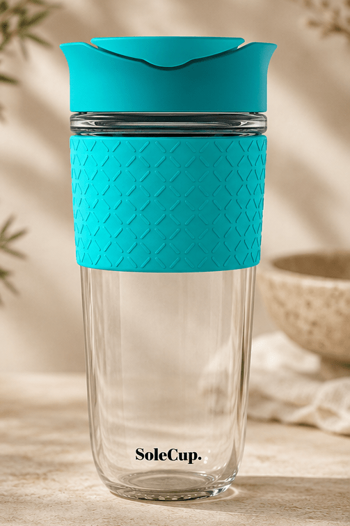 SoleCup Glas Reisebecher 340ml & 530ml mit Silikonhülle - MeVita Home-Reisebecher-blau-530ml-