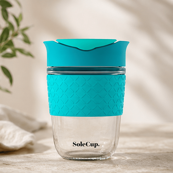 SoleCup Glas Reisebecher 340ml & 530ml mit Silikonhülle - MeVita Home-Reisebecher-blau-340ml-