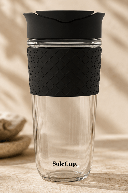 SoleCup Glas Reisebecher 340ml & 530ml mit Silikonhülle - MeVita Home-Reisebecher-schwarz-530ml-